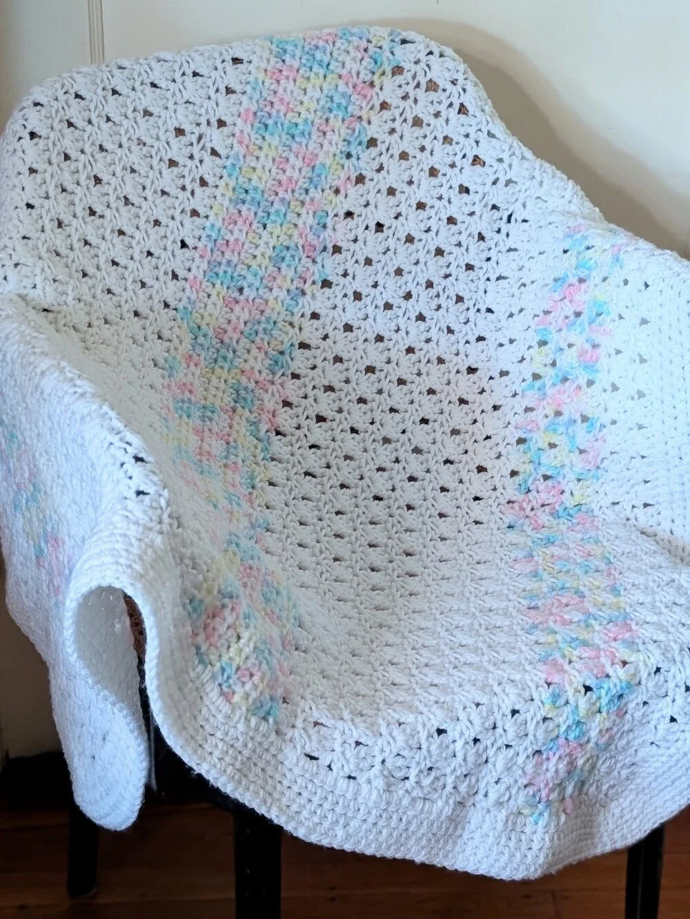 Handmade White Crochet Blanket / Knitted Throw Blanket with Pastel Stripes 36x36